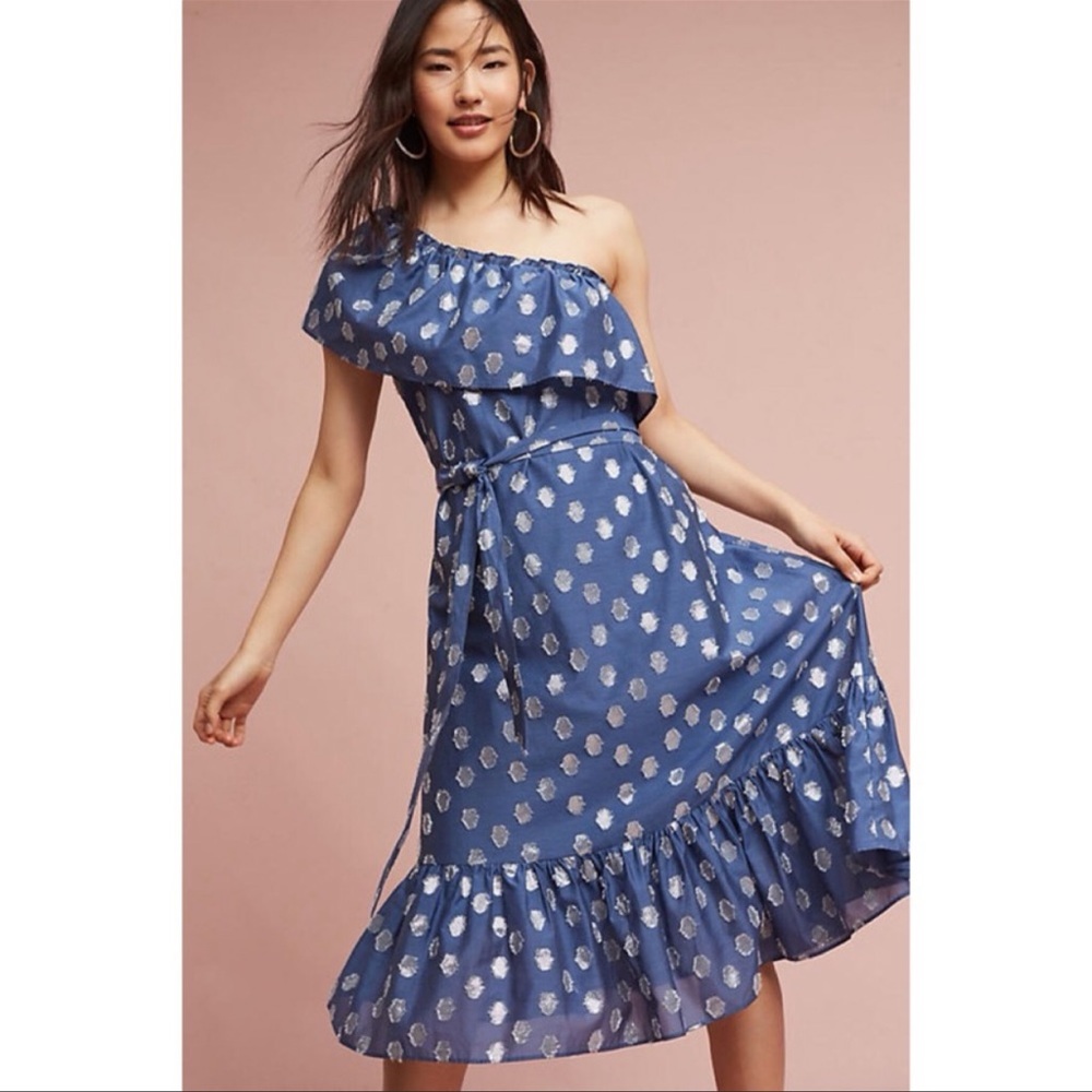 Anthropologie Shoshanna Mykonos One-Shoulder Blue Polka Dot Midi Dress $428